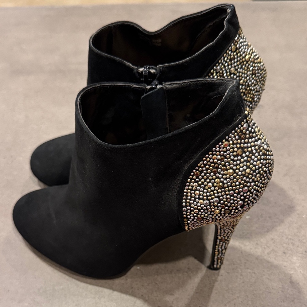 Women's Black Suede Ankle Booties with Jeweled Heel